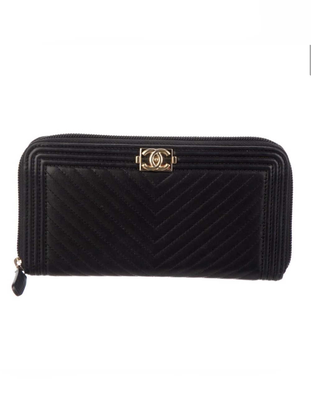 authentic CHANEL lamb skin quilted boy zip around wallet